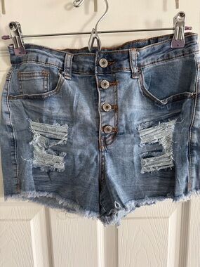 Distressed Denim Shorts - Light Blue